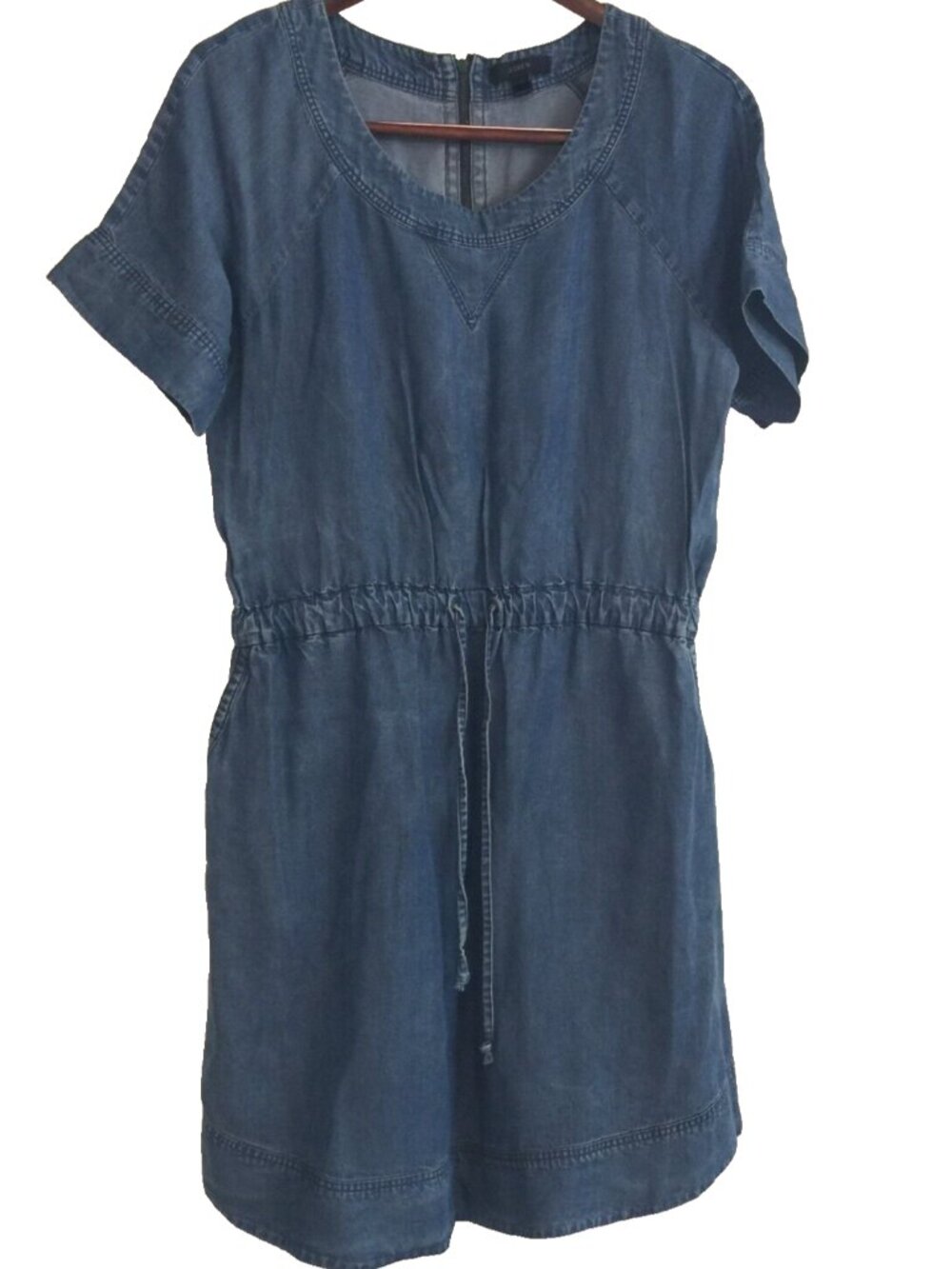 J CREW BLUE CHAMBRAY DRESS WOMENS M 38"x37" SHORT SLEEVE ELASTIC WAIST BACK ZIP